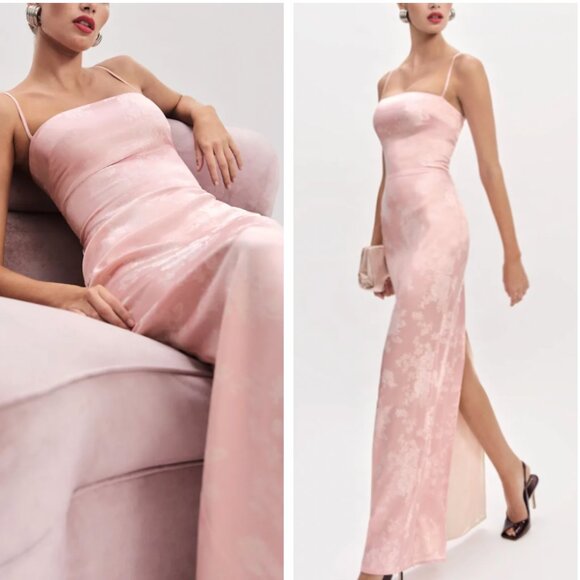 LOVE Reformation Frankie Satin Maxi Dress Sz4 Powder Pink Blush Floral Wedding